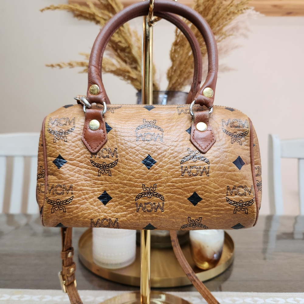 MCM Visetos Leather Logo Shoulder Bag 2-Way Mini Boston Brown